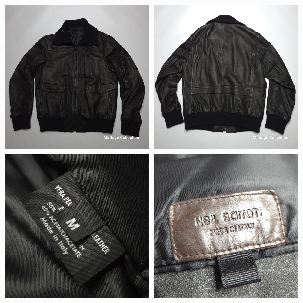 Neil Barrett Black Leather Flight Aviation Bomber Jacket Size M Made In Italy